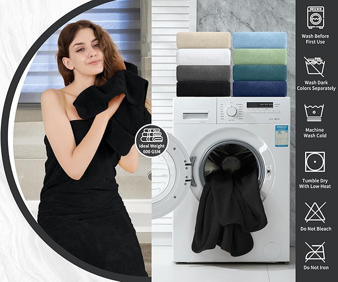 8 Piece Bathroom Towel Set Black |2 Oversized Large Bath Towels Sheet,2 Hand Towels and 4 Washcloths| 600GSM Ultra Soft Luxury Premium Towel Set Highly Absorbent Quick Dry Hotel Towel Collection