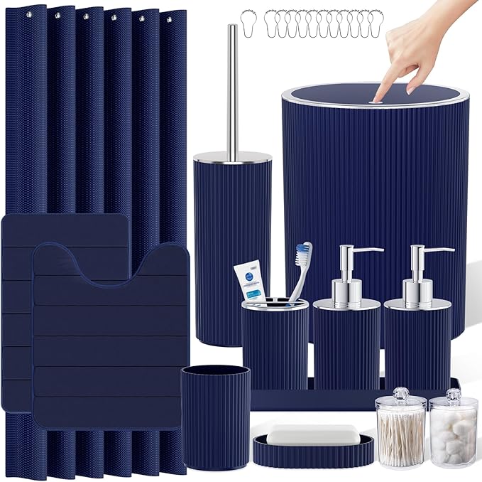 Navy Blue Bathroom Accessories Set - Bathroom Sets, 25PC Bath Accessory Set, Bathroom Sets with Push Top Trash Can, Shower Curtain and Rugs, Toilet Brush, Trash Can & Soap Dispenser