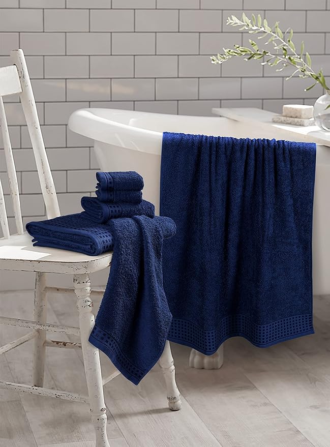 GLAMBURG 100% Cotton Ultra Soft 6 Pack Towel Set, Contains 2 Bath Towels 28x55 Inches, 2 Hand Towels 16x24 Inches & 2 Wash Coths 12x12 Inches, Compact Absorbent Lightweight & Quickdry - Navy Blue