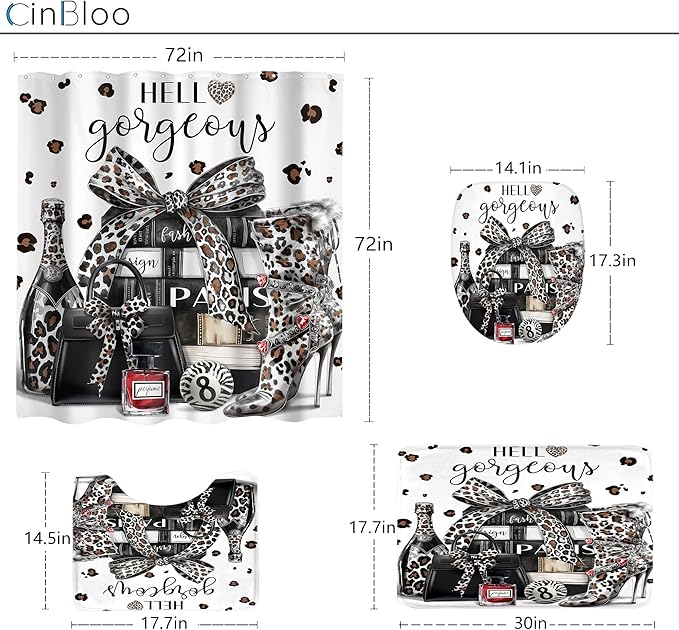 Cinbloo 4Pcs White Black Leopard Shower Curtain Set,Cheetah Fashion Luxury Magazine Books Perfume High Heels Bathroom Curtain with Rug, Toilet Lid Cover, Bath Mat,Girls Shower Curtain with 12 Hooks
