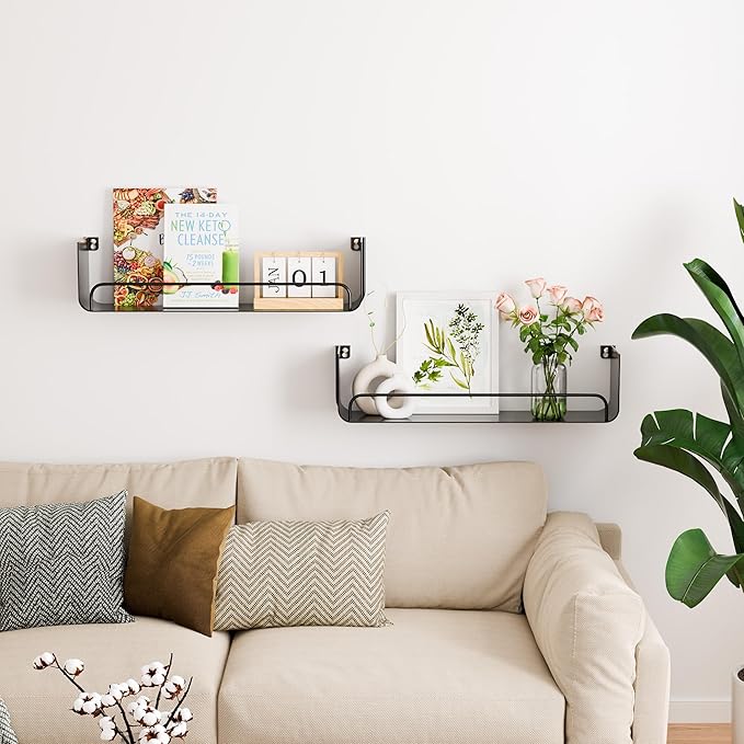 Black Metal Shelf, Modern Floating Bathroom Shelf With Guardrail, Upgrade U-Shaped Wall Mounted Metal Shelves for Kitchen, Living Room, Bedroom, Set 0f 2 Shelves for Home Storage and Organizer