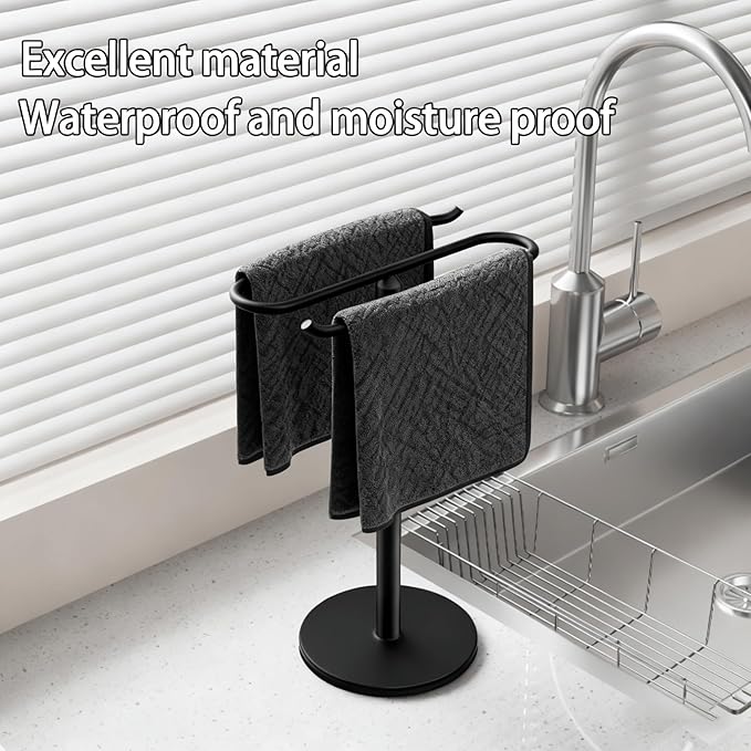 13-inch Black Stainless Steel Freestanding Towel Rack Pole with Dual-Bracket Towel Ring and Hand Towel Holder Bathroom Sink, Kitchen Counter Towel Hardware
