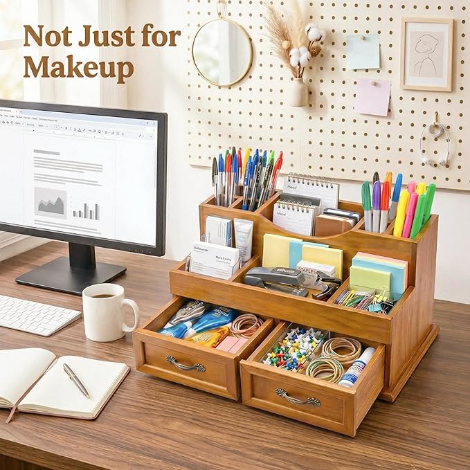 Rustic Wood Makeup Organizer with 2 Drawers, Vintage Tabletop Storage Box for Perfume, Skincare and Beauty Supplies, Thick Wood Design for Office, Bathroom, or Countertop