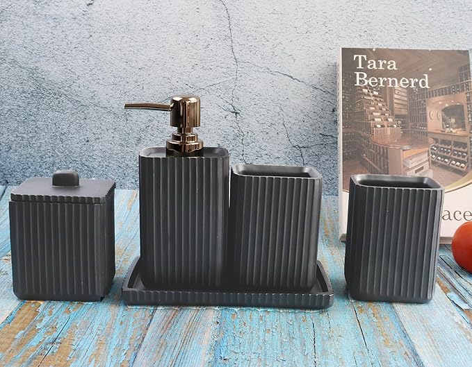 Hymmah Black Bathroom Accessories Set,Unique Design Bathroom Set 5 Pcs Resin Gift Set Apartment Necessities, Contain Cotton Swab Jar,Soap Dispenser,Soap Dish/Tray,Tumbler