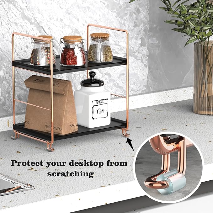2-Tier Countertop Organizer Cosmetic Storage Rack Vanity Tray Stackable Standing Storage Shelf with Experience Manual(Rose Gold + Black)