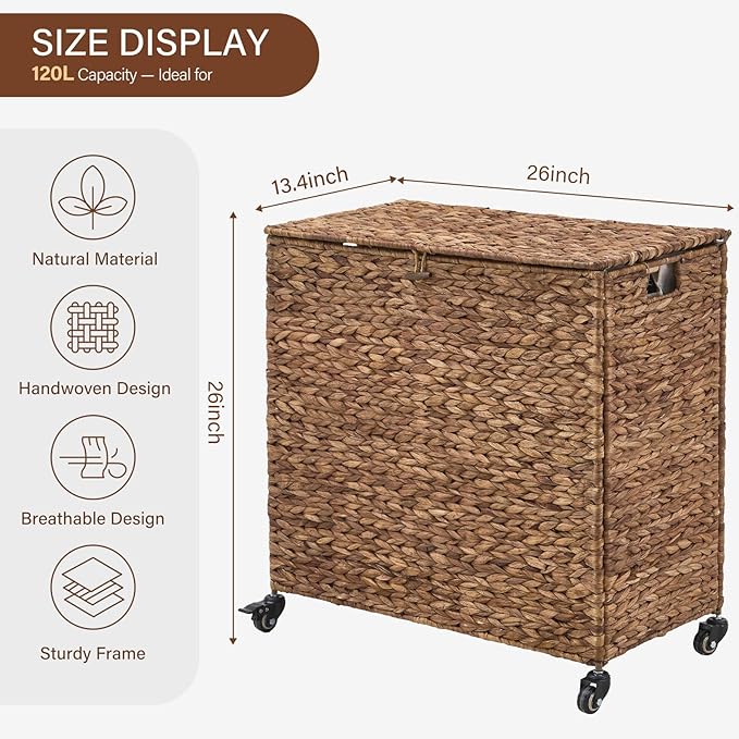 Hand-Woven Laundry Basket with Wheels, Natural Water Hyacinth Laundry Hamper with Lid,Removable & Machine-Washable Liner 2-Section Clothes Hamper for Bathroom and Laundry Room(120L,Espresso)