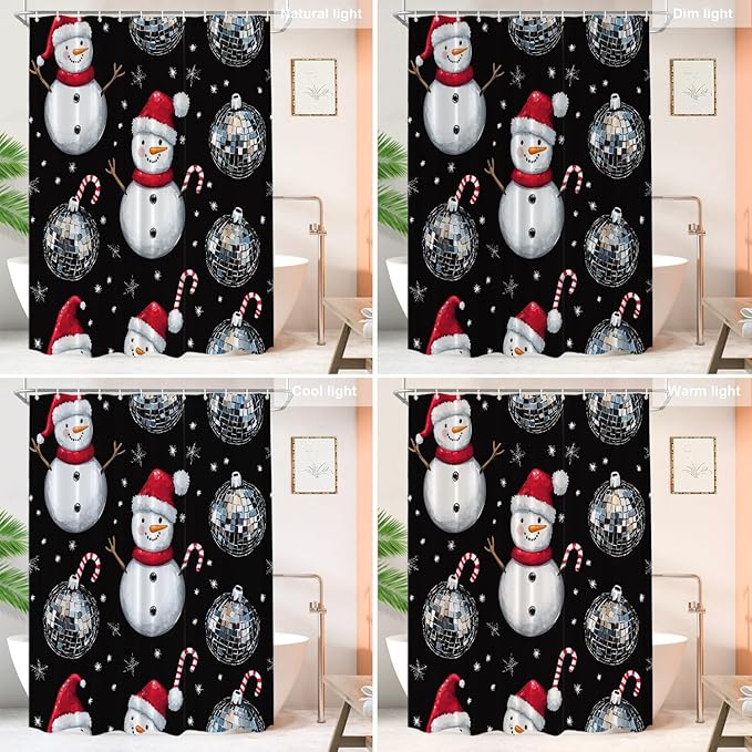 Shrahala Christmas Snowman Decorative Shower Curtain, Silver Disco Mirror Ball Bathroom Décor Polyester Fiber Waterproof with Plastic Rings for Shower Stall Bathtubs 72 x 60 in