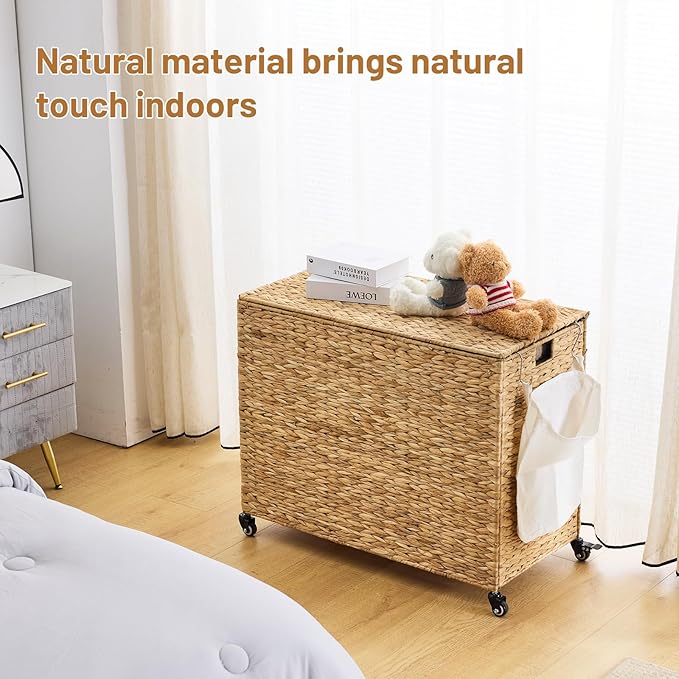 Laundry Hamper with Wheels, 52.8 Gallon(200L) Water Hyacinth Laundry Basket with Lid, 3-Section Wicker Clothes Hamper with 3 Removable Liners, Laundry Sorter with Side Pocket, Natural