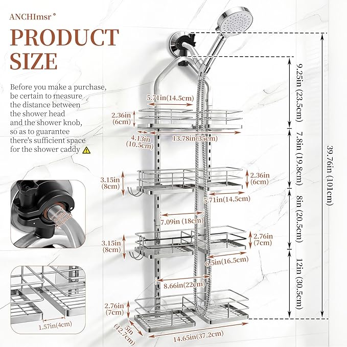 Adjustable Hanging Shower Caddy for Handheld Showerhead, 4-Tier Rustproof Shower Rack Baskets, Anti-Swing Hanging Shower Organizer for Bathroom Storage with 2 S-Hooks, Large Capacity, Silver