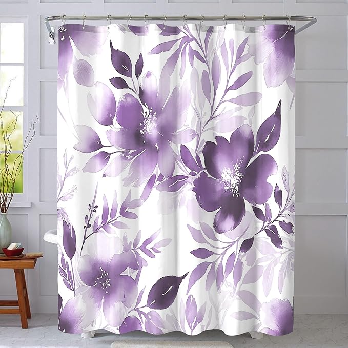 Floral Shower Curtain, Purple Watercolor Flower Shower Curtains for Bathroom, Modern Minimalist Waterproof Fabric Bath Decoration 72x72 Inch