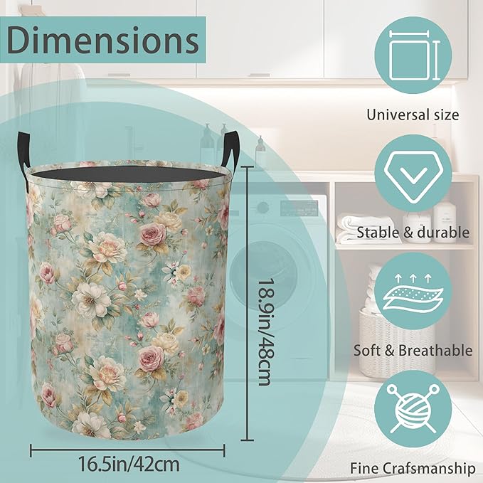 Laundry Hamper Foldable Oxford Cloth Vintage Flowers Laundry Basket With Handle Portable Clothes Storage Organizer Basket Storage Bag For Laundry Room/Bedroom/Bathroom