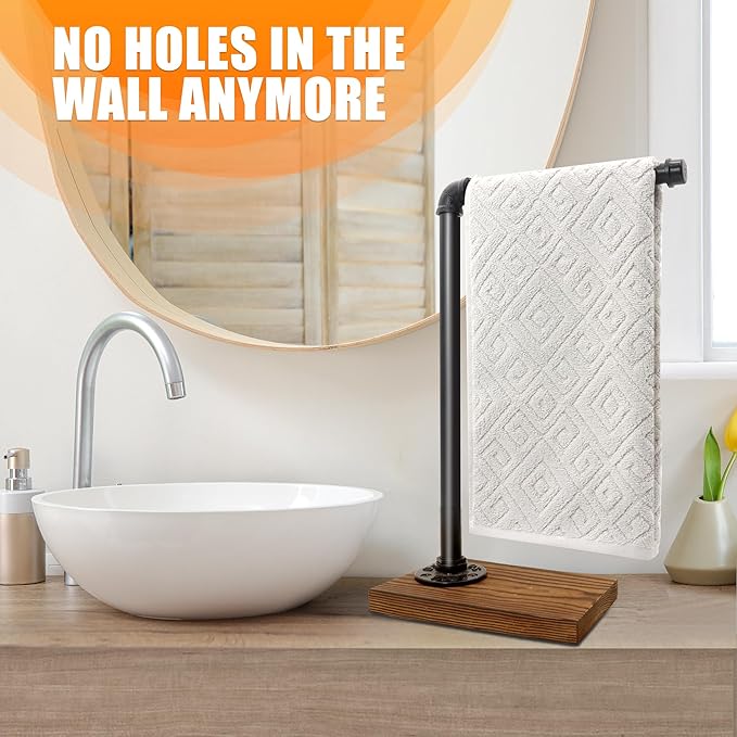13'' Hand Towel Holder, L Shaped Towel Holder Stand with Weighted Base, Black Hand Towel Stand for Bathroom Kitchen Countertop