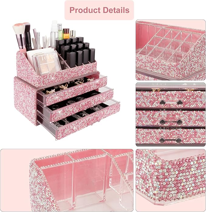 KEYPOWER Makeup Organizers Drawer Bling Diamond,Fashion Countertop Jewelry Cosmetic Storage Display Boxes,Makeup Brush Holder, Cosmetic Holder,2 Pieces Set(Purely Handmade)(Pink)