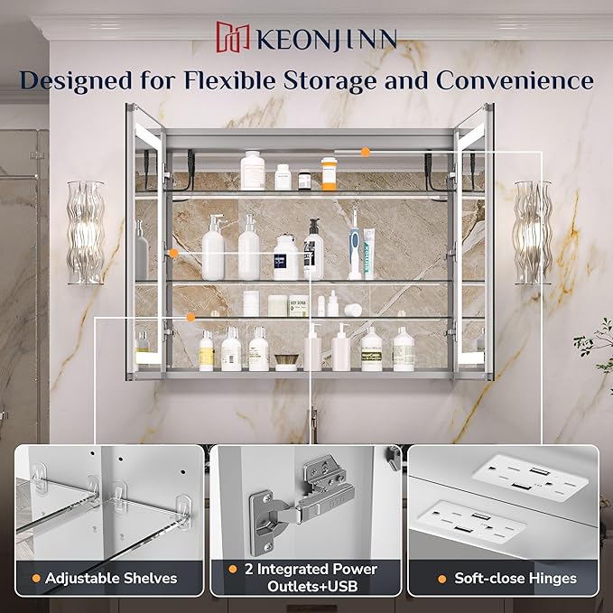 Keonjinn 36 x 32 Medicine Cabinet with Lights, LED Medicine Cabinet with Defogger and Outlets 3 Colors Dimmable with UL Listed LED Driver, Tempered Glass Surface/Recessed Mount Mirror with Storage