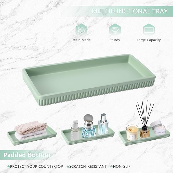 XLHOMO Resin Light Green Bathroom Accessories Set 5 Pcs, Lotion Soap Dispenser, Toothbrush Holder, Bathroom Tumbler, Qtip Holder and Vanity Tray, Bathroom Countertop Organizer Set for Modern Apartment