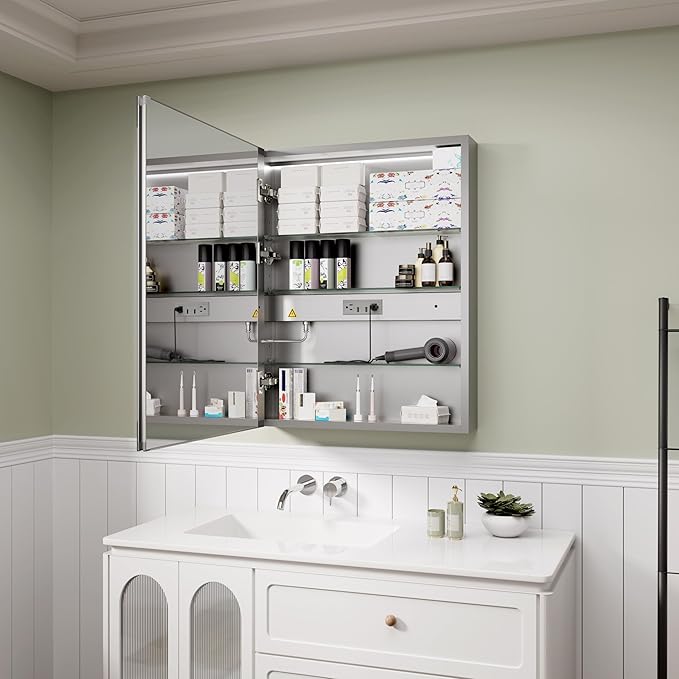 LED Medicine Cabinet Mirror, 24x30 Inch Bathroom Storage, Recessed/Wall Mount, Plug-in/Hardwired, 3 Color Dimmable Light, Anti-Fog, Time Temp Display, Left Hinge