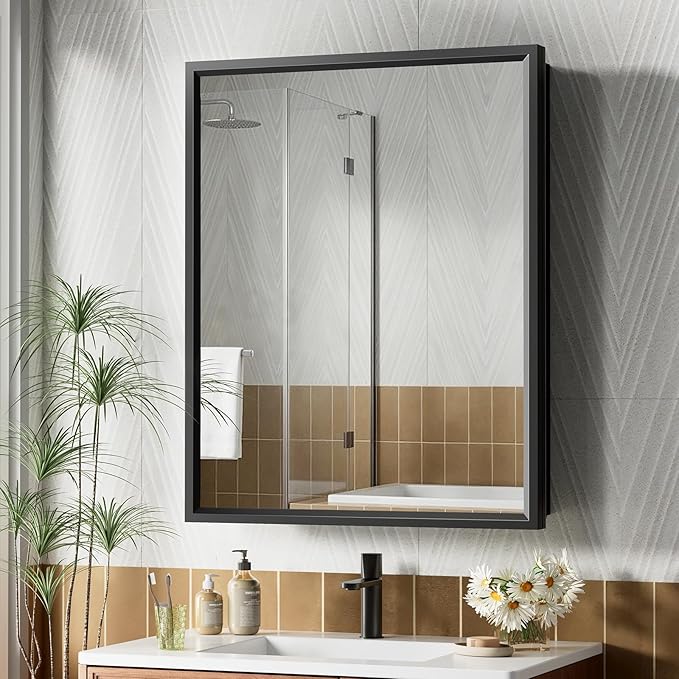 24“ x 30” Black Medicine Cabinets for Bathroom with Mirror, Aluminum Alloy Framed Mirror＆Tempered Glass Design, Recessed or Surface Wall-Mounted Metal Bathroom Vanity Mirror with Storage Cabinet