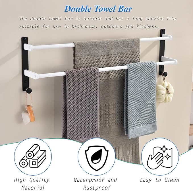 Double Towel Bar with Hooks for Bathroom Wall - 30" Double Layer Stainless Steel Towel Holder Rack, Heavy Duty Long Towel Hanger, White & Black