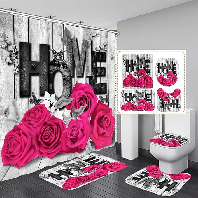 Yddsky Pink Rose Valentines 4 Pcs Shower Curtain Sets Non-Slip Rugs Bath Mat Toilet Cover U Shaped Mat Romantic Pink Bathroom Decor with 12 Hooks Valentines Day Bathroom Set