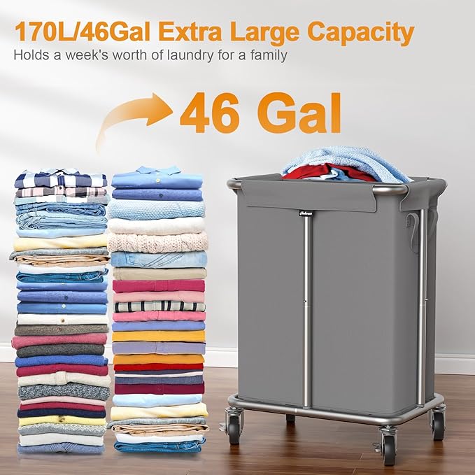 Hodonas Laundry Basket with Wheels, Rolling Laundry Hamper, 46 Gallons (170L), Removable and Machine Washable Liner, Steel Frame, Large Laundry Cart for Laundry Room, Bedroom, Bathroom, Dorm - Grey