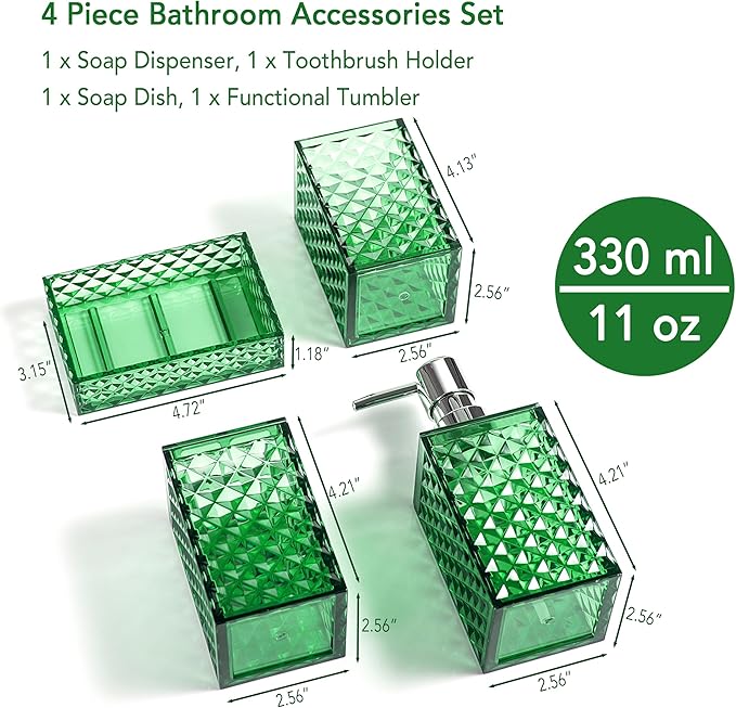 Bathroom Accessory Set, 4 PCS Green Bathroom Accessories Sets, Diamond Pattern Bathroom Soap Dispenser and Toothbrush Holder Sets Accessories Contain Soap Dish Tumbler, Boho Bathroom D??cor