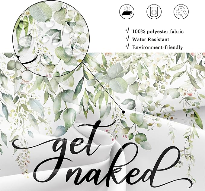 Riyidecor Sage Green Eucalyptus Leaves Shower Curtain for Bathroom Decor 72Wx72H Get Naked Bible Verse Spring Watercolor Floral Botanical Art Printed Fabric Polyester Waterproof 12 Pack Metal Hooks