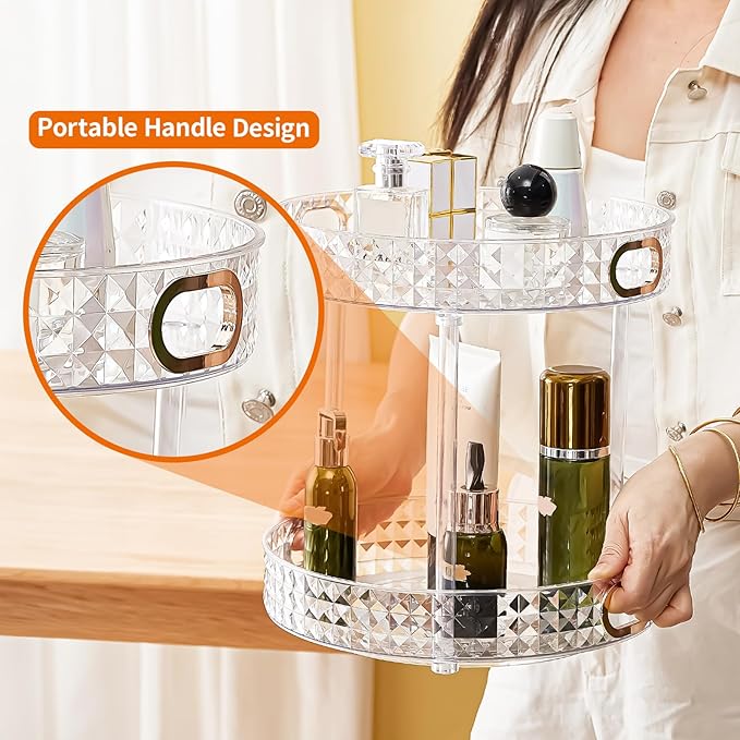 360?? Rotating Makeup Organizer, 2 Tier Large Perfume Organizers with Portable Handle for Vanity Bathroom Countertop, Bathroom Counter Organizer for Cosmetics Skincare Perfume