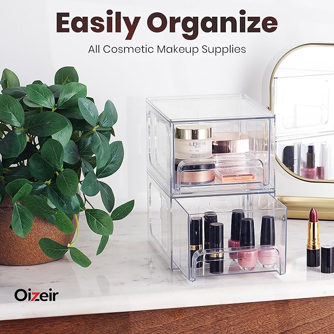 Oizeir Acrylic Drawer Organizer 2-Pack ?€? Clear Stackable Storage Drawers for Makeup, Skincare, Vanity, Bathroom, Under Sink, Kitchen & Office ?€? Non-Slip, Durable, Multi-Purpose Organizer Bins
