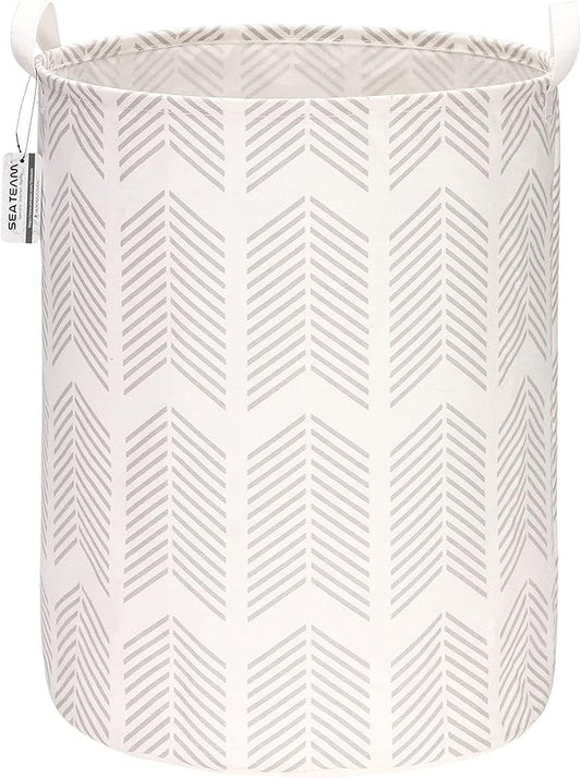 Sea Team 19.7 Inches Large Sized Waterproof Coating Ramie Cotton Fabric Folding Laundry Hamper Bucket Cylindric Burlap Canvas Storage Basket with Stylish Fishbone Grey Design