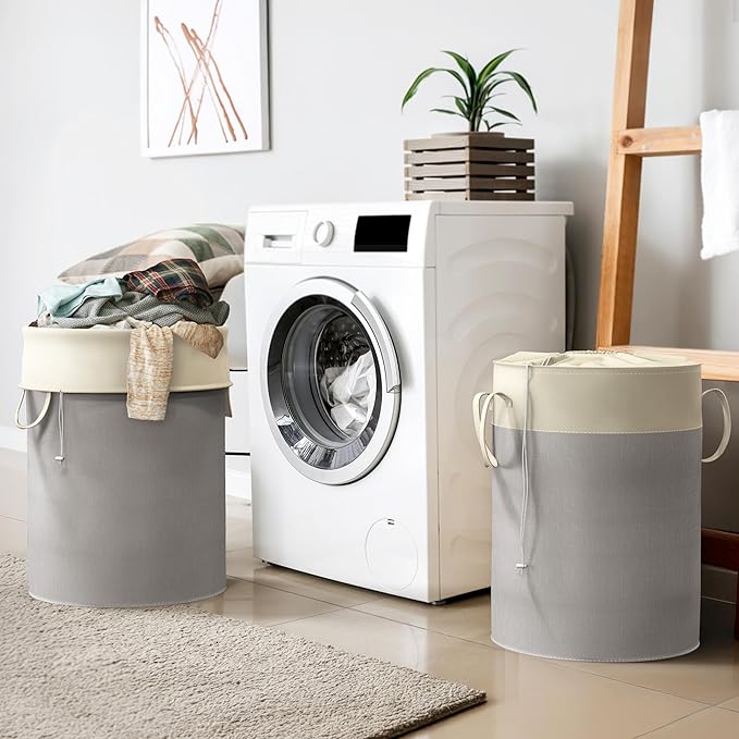 Simple Houseware 74L Collapsible Laundry Hamper, Round Cotton Basket with Drawstring Closure and Handles, 2 Pack, Gray