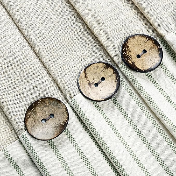 Farmhouse Shower Curtain,Beige and Green Stripe,Button Curtain,Linen and Cotton Blend Fabric,Rustic Charm Country Chic Style,72x72 in
