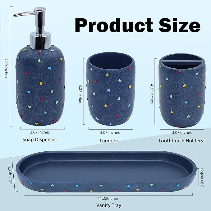 YMXYJM - Bathroom Accessories Sets 4-Piece, Premium Pastel Heart Bathroom Accessory Complete Set - Toothbrush Holder, Lotion Soap Dispenser, Vanity Tray, Bathroom Tumbler for Countertop Vanity, Blue
