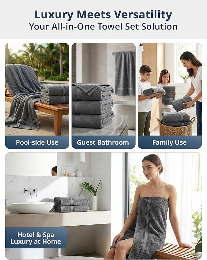 LANE LINEN 100% Cotton Bath Towels Set of 4 (28"x54") - Zero Twist, Mercerized Cotton Extra Large Bathroom Towel Sets - Quick Dry, Soft & Absorbent Grey Towels Set - Pre Shrunk, Fade Resistant - Grey