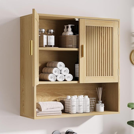 Smuxee Bathroom Cabinet Wall Mounted, Wooden Medicine Cabinet with Fluted Doors & Adjustable Shelf, Bathroom Cabinet for Bath Room, Living Room, Laundry Room