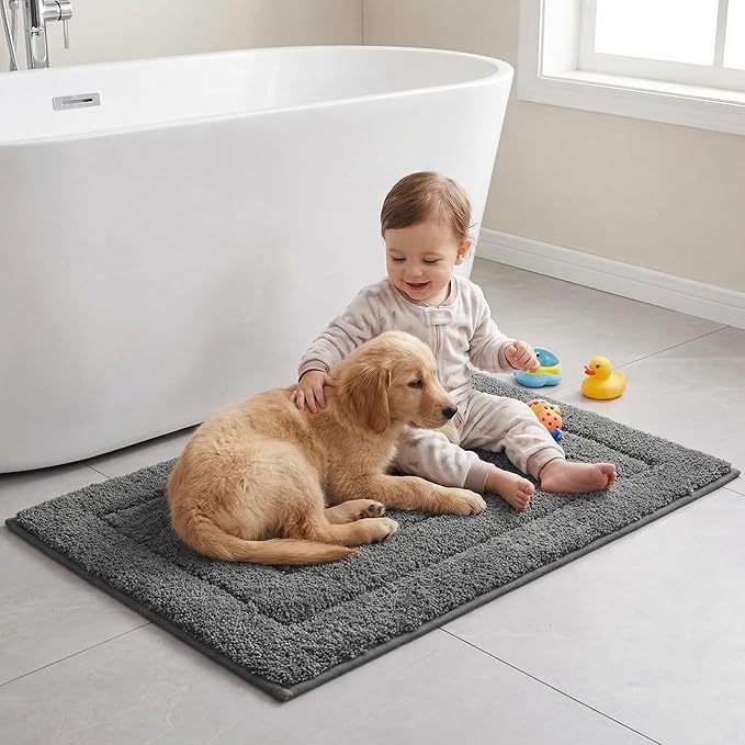 GRANNY SAYS Bathroom Rugs and Mats, 16" x 24" Non-Slip Bath Mat for Bathroom, Super Soft Absorbent Microfiber Bath Rug, Machine Washable and Dry, Small Dark Gray Rug for Shower, Tub and Bath Floor
