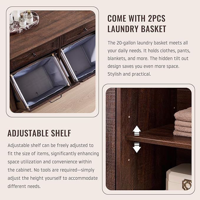 IFBUY Triple Tilt Out Laundry Hamper Cabinet, 20 Gallon Farmhouse Trash Can Cabinet w/Drawer & Adjustable Shelf, Hidden Garbage Can Bin Cabinets w/Laundry Basket for Bathroom, Kitchen (Brown)