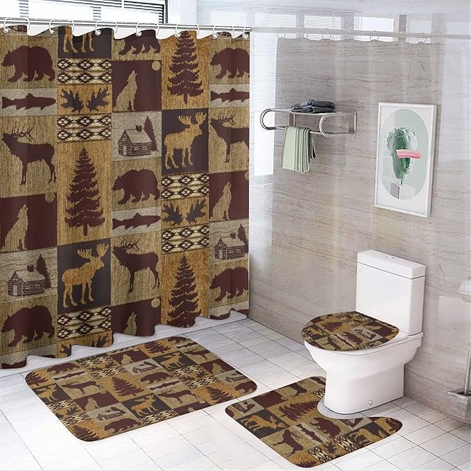 Retro Rustic Bear Country Style 4 Piece Shower Curtain Sets, Non-Slip Rugs, Toilet Lid Cover and Bath Mat, Durable and Waterproof, for Bathroom Decor Set One Size