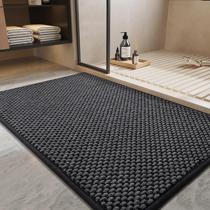 PADOOR-Bath Mat-Super Absorbent Chenille Bathroom Mats-Rubber Backed Bath Mats for Bathroom Non Slip, Easy Clean Bathroom Rugs Front of Bathtub,Shower Room,Sink-17×28, Darkgrey&Black