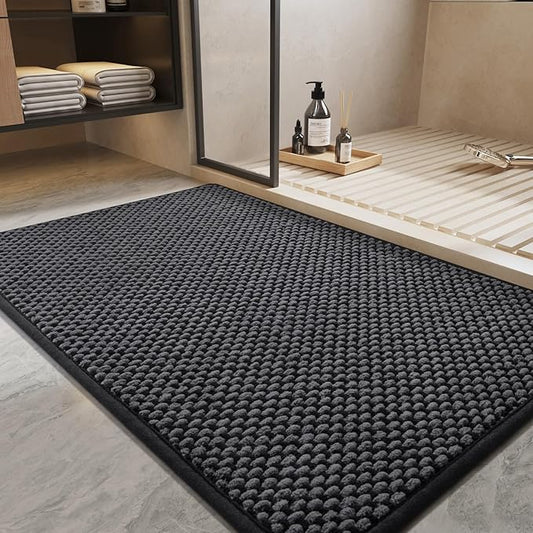 PADOOR-Bath Mat-Super Absorbent Chenille Bathroom Mats-Rubber Backed Bath Mats for Bathroom Non Slip, Easy Clean Bathroom Rugs Front of Bathtub,Shower Room,Sink-17×35, Darkgrey&Black