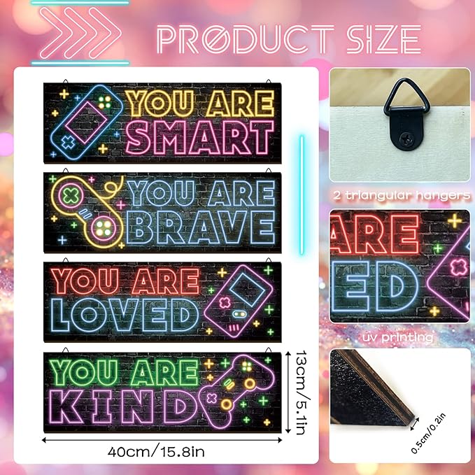 YLOLUL 4 Pieces Neon Gaming Decor for Boys Room Wooden Video Game Wall Art Print 15.7 X 5.1 Inch Motivational Quote Gamer Hanging Plaques Wall Decor for Boys Kids Room Bedroom Playroom Decorations