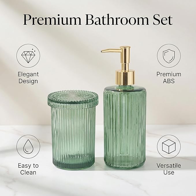 3 Pcs Green Bathroom Accessories Set, Glass Bathroom Set, Soap Dispenser, Toothbrush Holder, Jewelry Tray, Modern Bathroom Decor, Housewarming Gift Set