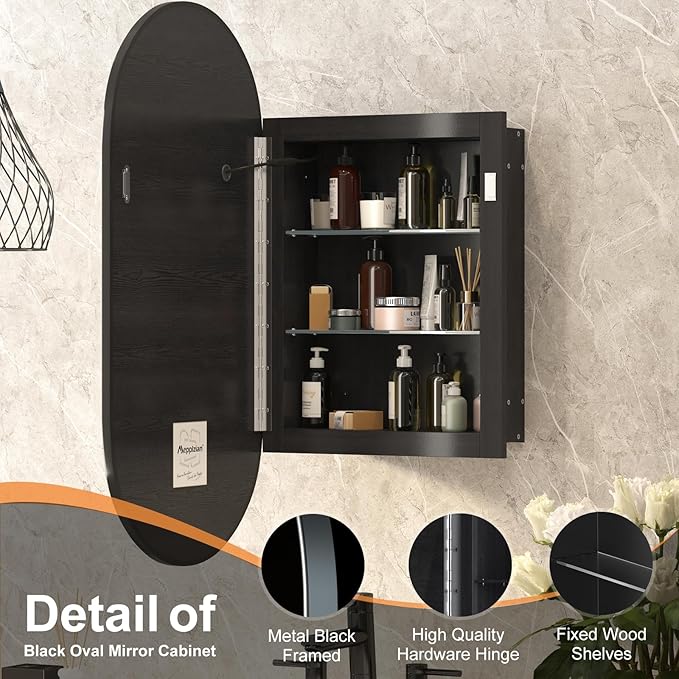 Led Oval Medicine Cabinet Mirror for Bathroom,Oval Recessed Black Medicine Cabinet with Mirror,3 Color Adjustable,Lighted Bathroom Cabinet with Storage Wall Mounted,16x31Inch