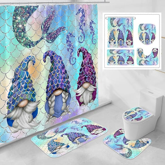 Litabel 4 Pcs Summer Mermaid Gnomes Shower Curtain Set with Non-Slip Rugs, Toilet Lid Cover and Bath Mat,Ocean Bathroom Decor Set with Shower Curtain and Rugs(Hooks Not Included)