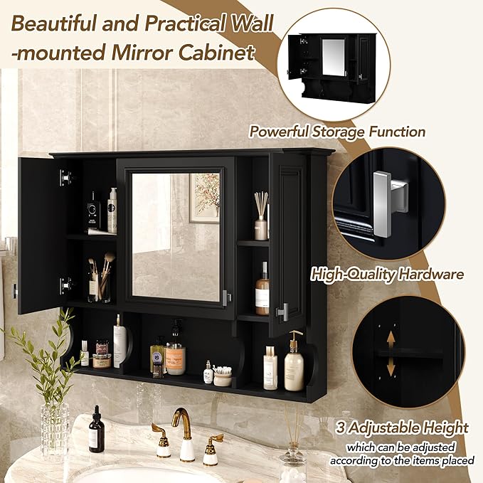 Virubi Bathroom Wall Cabinet with Mirror, Medicine Cabinet with 3 Doors and Adjustable Shelf, Space Saver Storage Cabinets Over The Toilet for Bathroom (35'' x 28'') (Black Color)