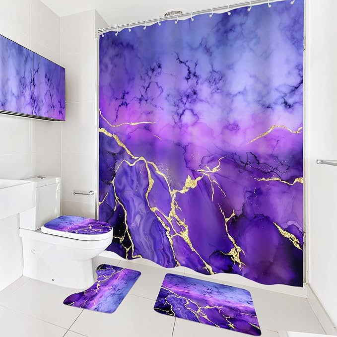 Cinbloo 4Pcs Dark Purple Marble Shower Curtain Set, Abstract Lilac Gold Cracked Lines Modern Simple Bathroom Curtain with Rug, Toilet Lid Cover, Bath Mat, Luxury Aesthetic Shower Curtain with 12 Hooks