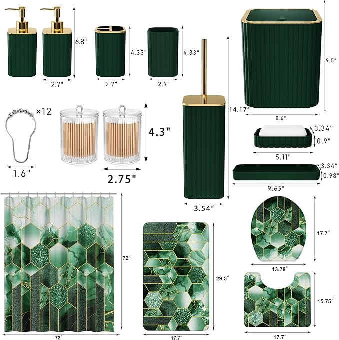 XLHOMO Bathroom Set - 26PC Bathroom Set with Shower Curtain and Rugs, Bathroom Accessory Set, Dark Green Bathroom Accessories Set, Trash Can & Soap Dispenser