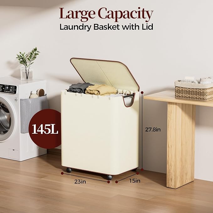 LAMU 145L Laundry Hamper with Wheels, Rolling Laundry Basket with Lid and 3 Removable Laundry Bag, Sturdy Large Capacity 3 Section Dirty Clothes Hamper for Laundry Room, Bedroom, Bathroom, Dorm, Beige