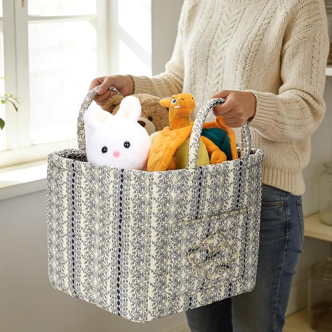 Quilted Fabric Basket Car Storage Basket Boho Floral Laundry Hamper for Nursery Bedroom & Living Room | Organize Clothes Toys