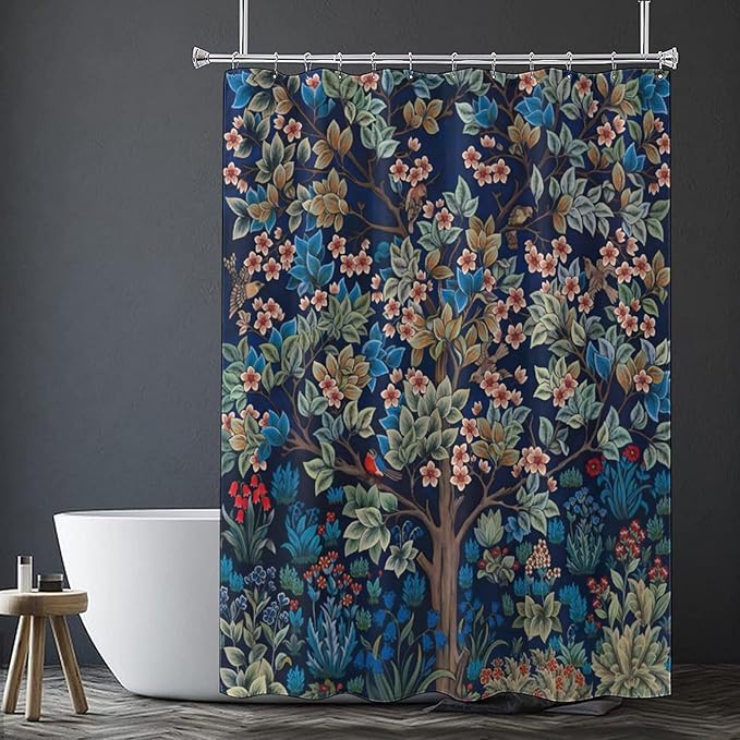 William Morris Floral Shower Curtain,Watercolor Vintage Flower Art Style Shower Curtain Set 72"×72" Inch