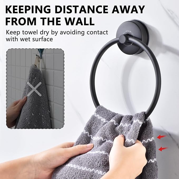 JOMOLA Towel Ring Suction Towel Holder for Bathroom Stainless Steel Kitchen Towel Rail Rack Drill Free Bath Towel Holder Bathroom Accessories Matte Black,2 PCS